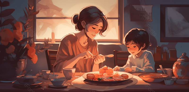 唯美画面晚餐母子母亲节插画手绘黄色温馨亲人吃饭海报广告图,插画/手绘图,插画/手绘图库,插画/手绘图下载,插画/手绘